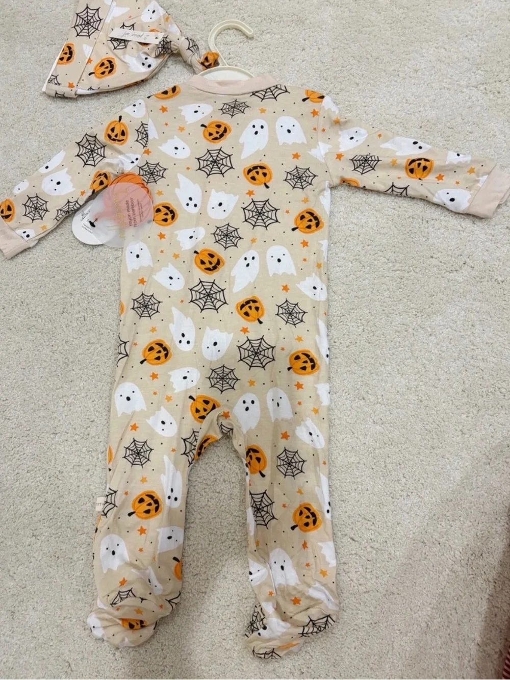 NWT Milkberry Halloween Pumpkin Ghost Spider Bamboo Zip Sleeper + Matching Hat